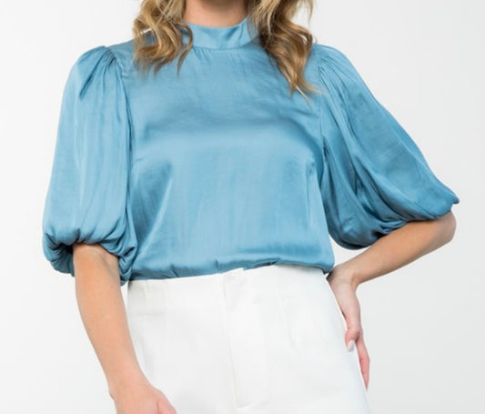 Satin Blue Puff sleeve  Top- PLUS SIZE