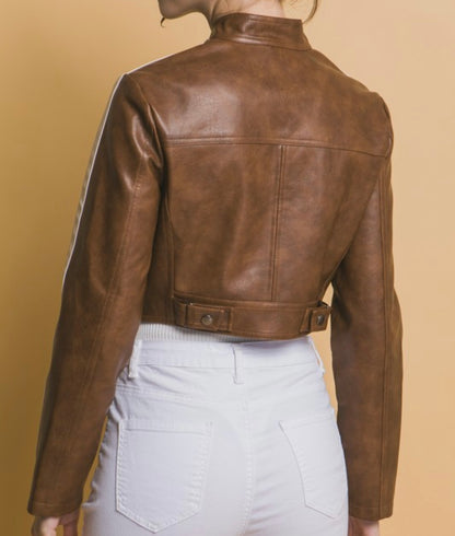 Brown Vegan Leather Crop Jacket