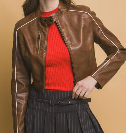 Brown Vegan Leather Crop Jacket