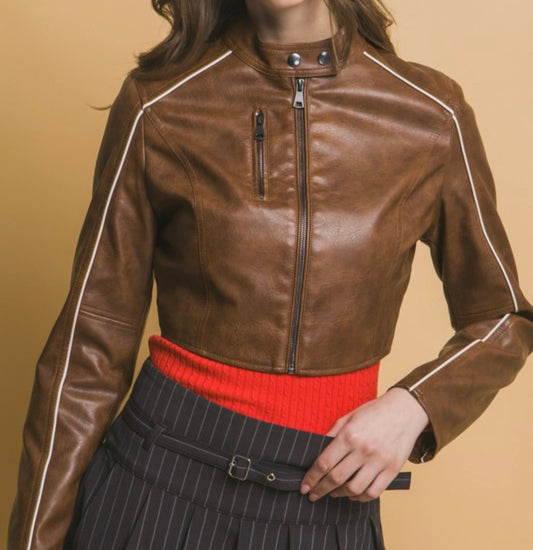 Brown Vegan Leather Crop Jacket