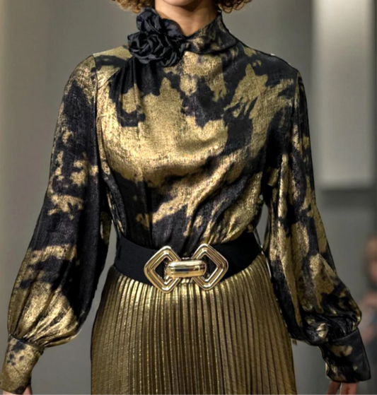 Black and Gold blouse with flower appliqué