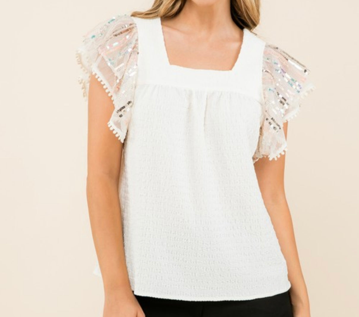 Sequin Flutter Sleeve Ivory Top - PLUS