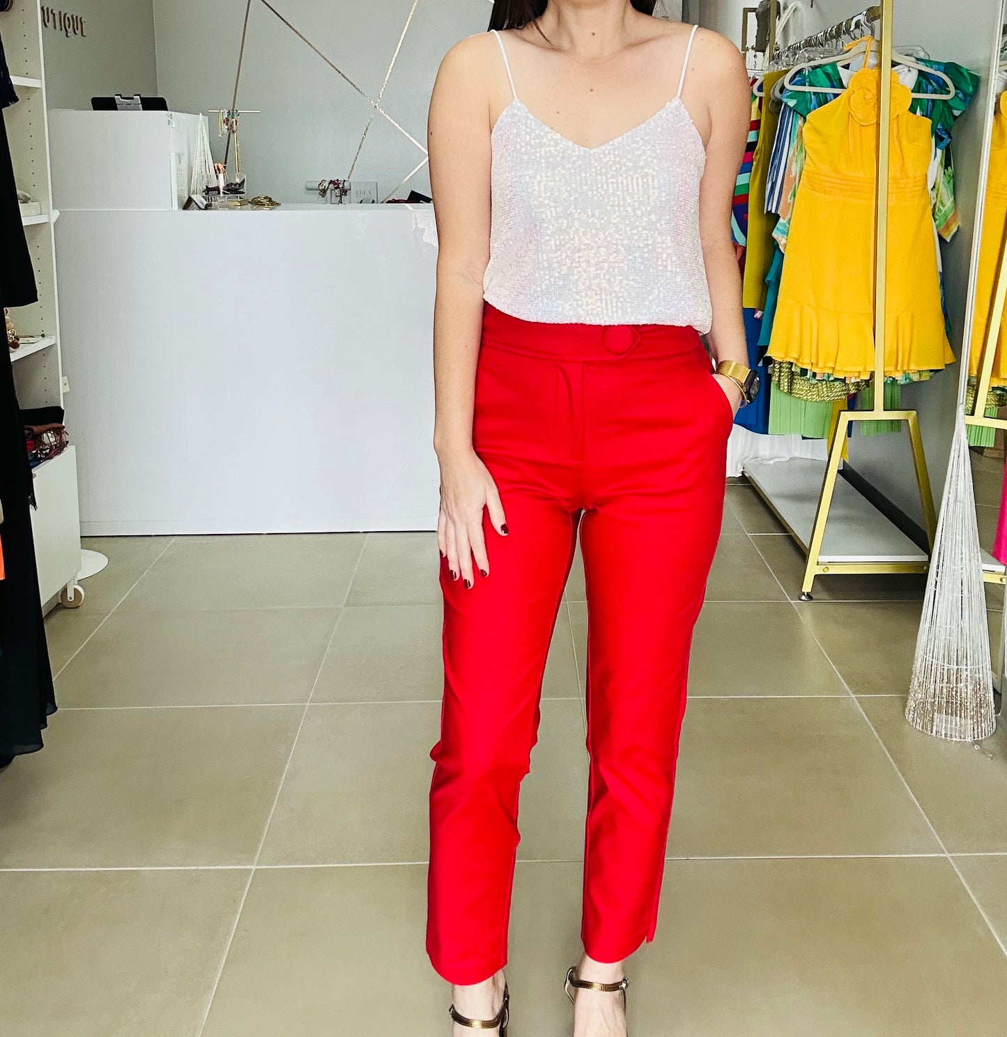 Red Ankle Length Pants