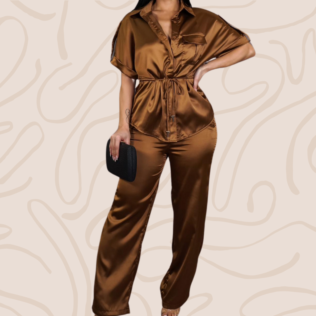 Bronze  Satin  Top +Pants Set