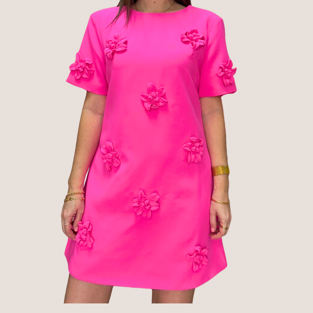 Hot PINK  3D Flowers Dress