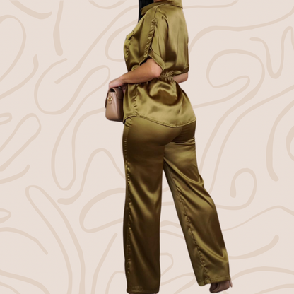 Olive Satin  Top +Pants Set