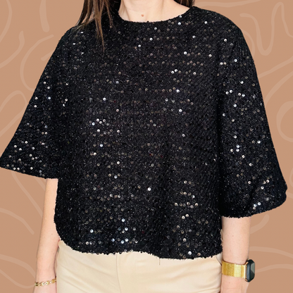 Black Sequin Bell Sleeve top