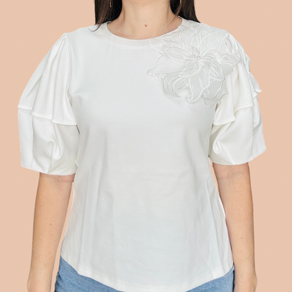 White Flower Detail Puff Sleeve Blouse by. Gracia