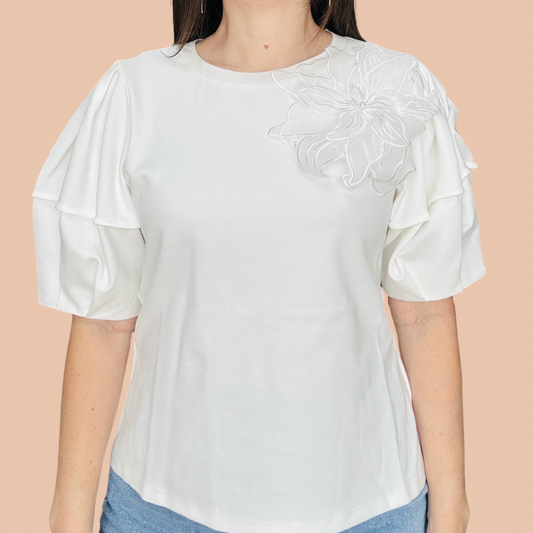 White Flower Detail Puff Sleeve Blouse by. Gracia