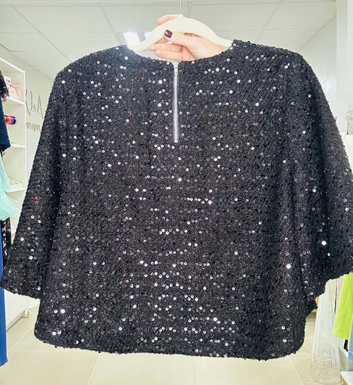 Black Sequin Bell Sleeve top