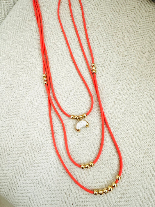 Coral Elastic Layers Necklace with Moon Charm