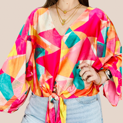 V Neck Print Kimono Sleeve Top