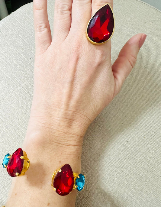 Red Stone Cuff & Ring Gold Plated