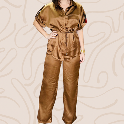 Bronze  Satin  Top +Pants Set