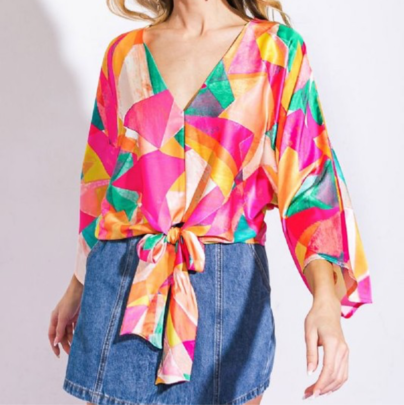 V Neck Print Kimono Sleeve Top