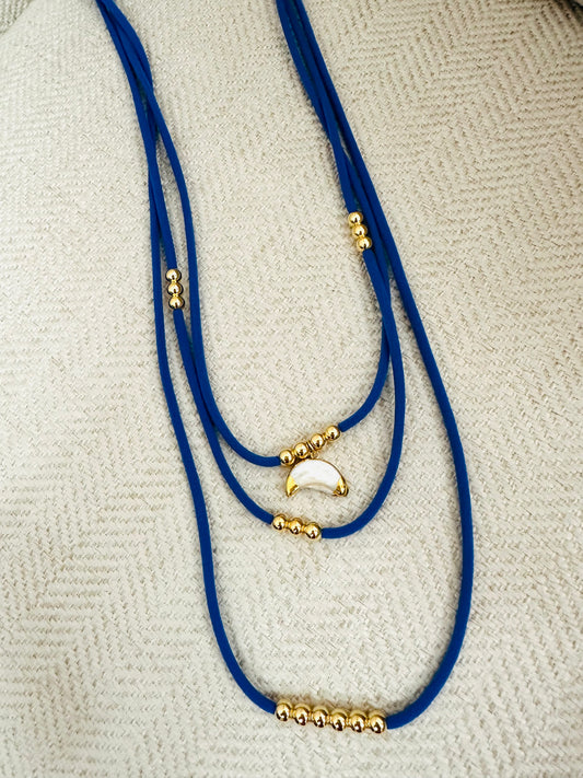 Dark Blue Elastic Layers Necklace with Moon Charm