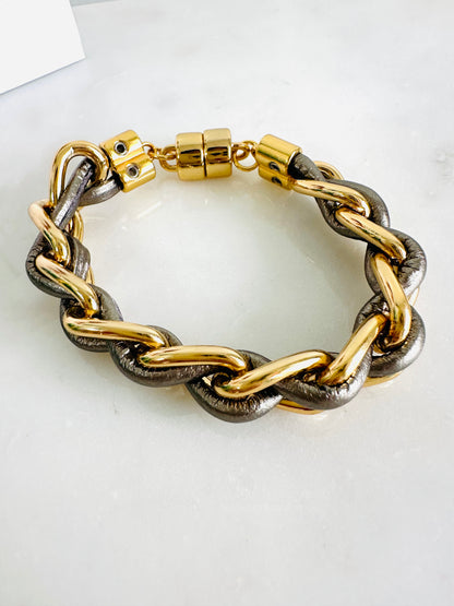 Thin Metallic Leather Gold Plated Bracelet