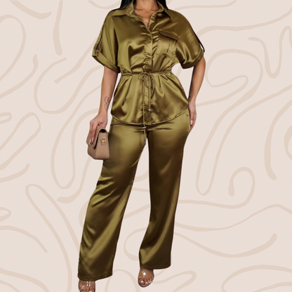 Olive Satin  Top +Pants Set