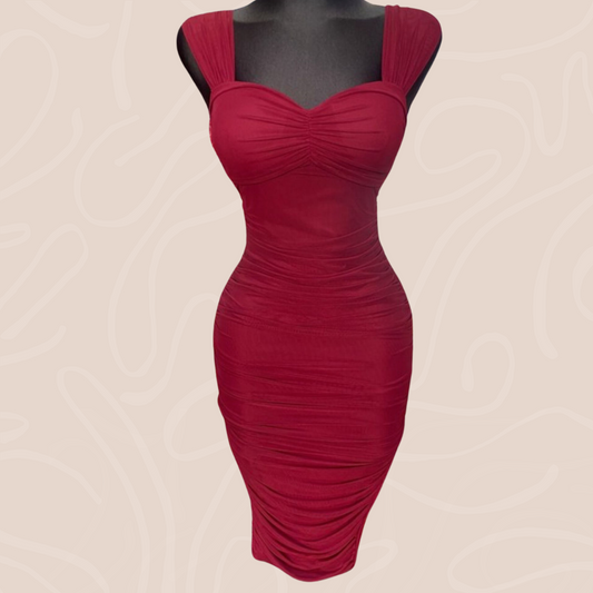 Dark Red Ruched Midi  Dress