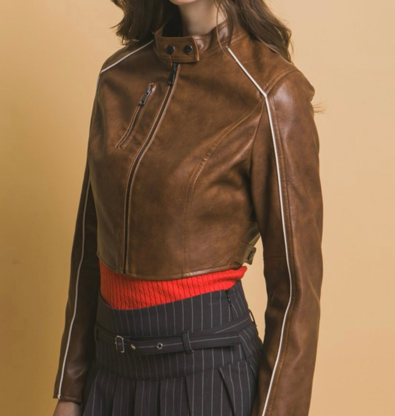 Brown Vegan Leather Crop Jacket