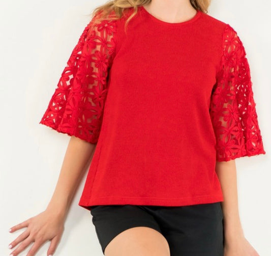 Flower Details Sleeve Red Top