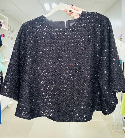 Black Sequin Bell Sleeve top