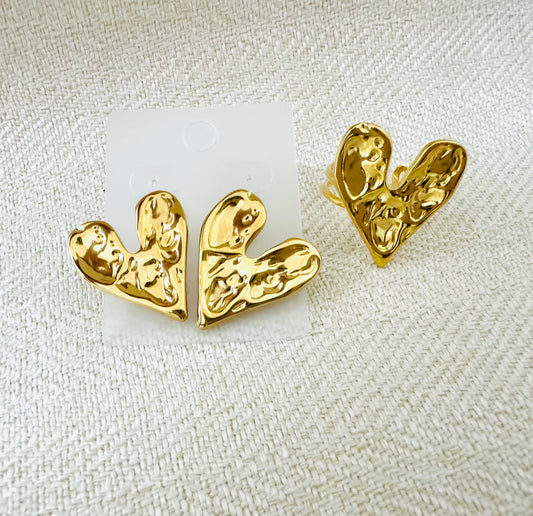 Gold Hammered Heart Earrings+Ring