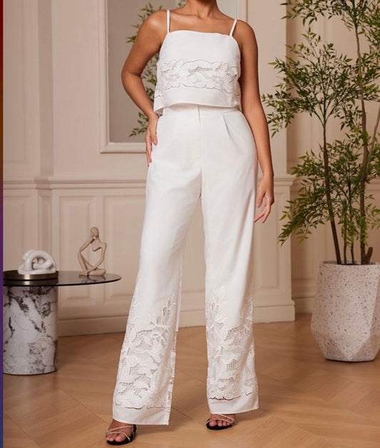 White Lace Detail Crop Top + Pants set