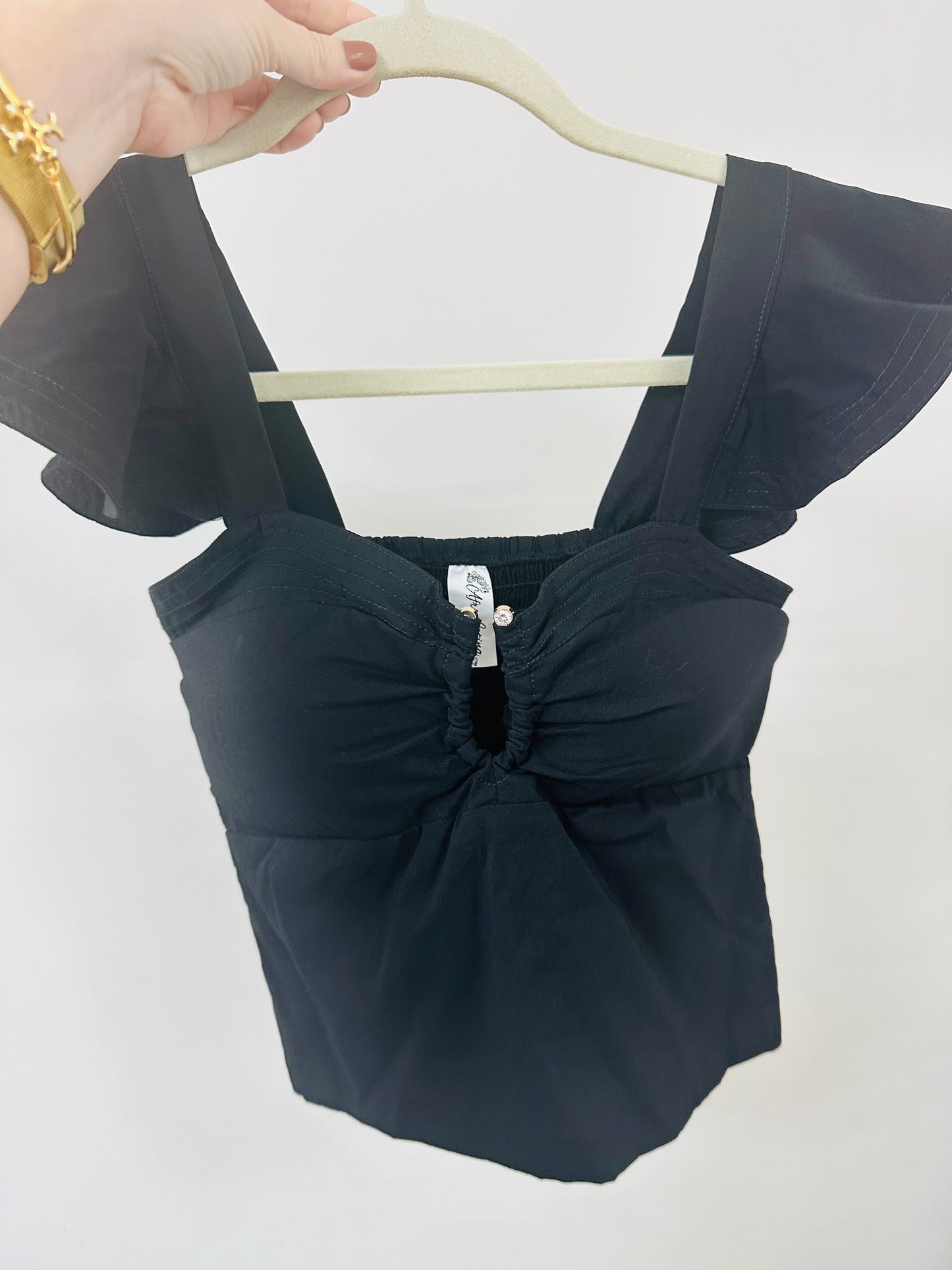 Black Ruffle Straps Tops