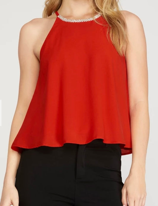 Red  Rhinestone Neck Cami Top