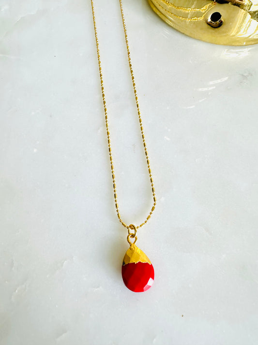 Red Drop Chain Necklace - Gold Plated