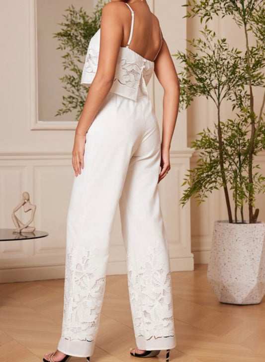 White Lace Detail Crop Top + Pants set