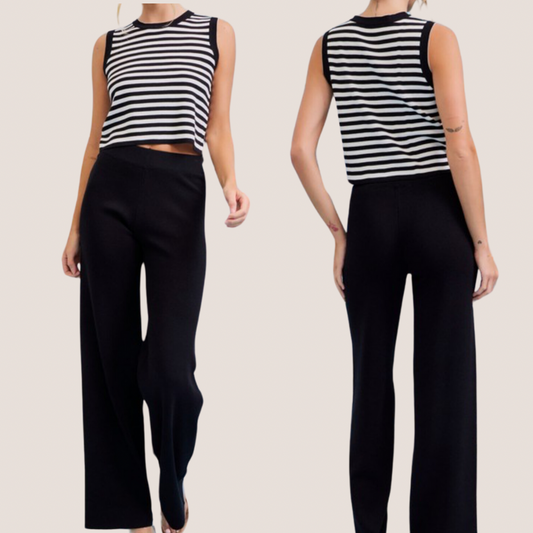 Black Stripe Knit Top +Pant Set