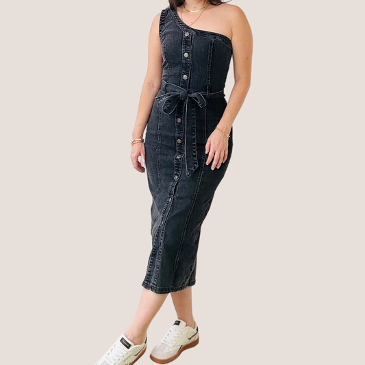 Black One Shoulder Denim Dress